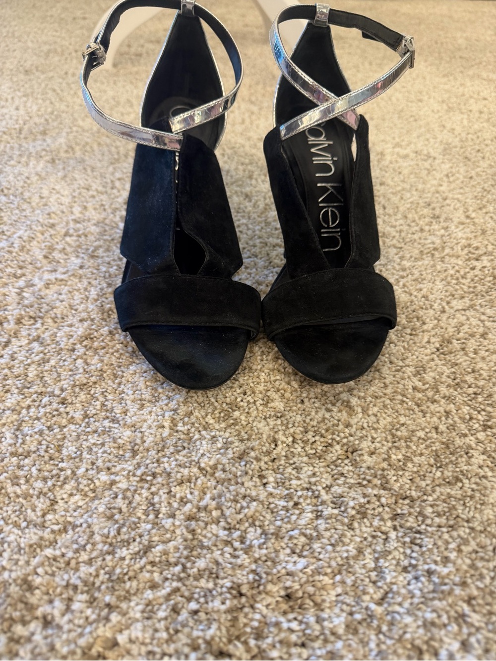 Calvin Klein Black Suede Heels with Silver Metallic Ankle Straps